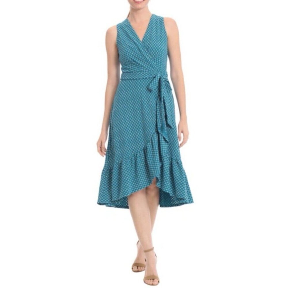 Maggy London Midi Dress 14 Blue Ivory Embroidered High Low Ruffe Washable